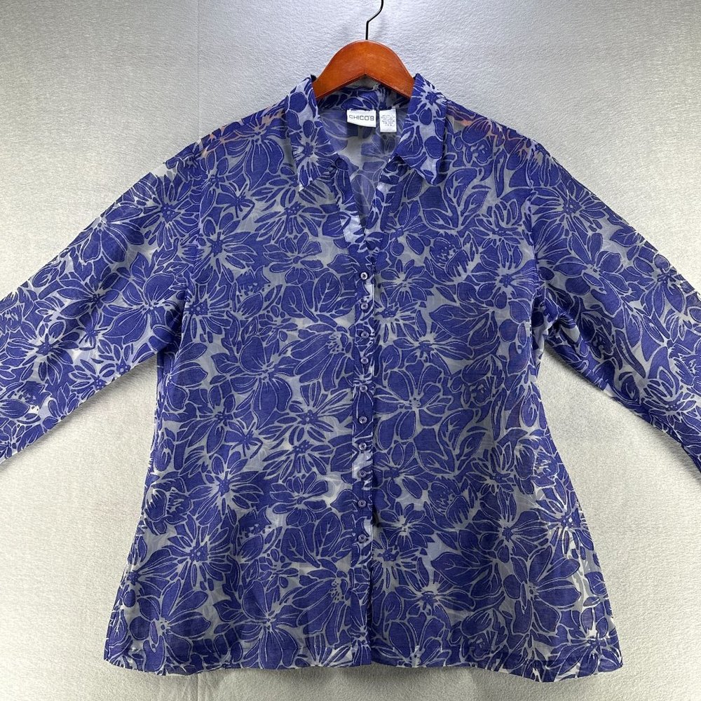 Chico's Womens Floral Shirt Sz 3 Purple Delanis Sheer Burnout Casual Buttons